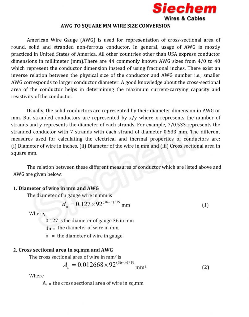 Awg to Square mm Conversion Siechem